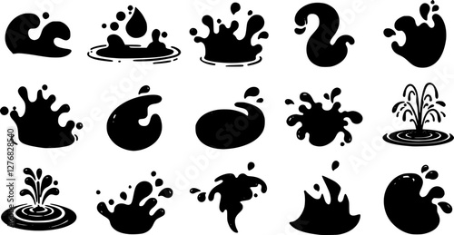Cartoon water splash effects depict fluid dynamic splashing, droplets and ripples in motion. Isolated vector set of liquid splatters, aqua or water splashes and swirls for animation and visual effects