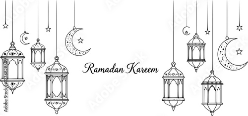 Ramadan kareem arabian lanterns and lamps border. Middle east antique kerosene hanging light underline or border, mosque ancient gas lamp or muslim ramadan karem lantern vector divider or separator