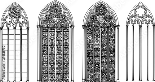 Medieval gothic church glass arch windows. Catholic temple or castle arched stained glasses. Isolated vector black outline silhouette arches. Vintage frames, cathedral interior European architecture