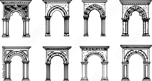 Art deco arch window and door frames, entrance doorways and gateway, vector architectural line drawing. Ancient classic architecture arch doors with arcs of Medieval temple, palace or mosque doorways