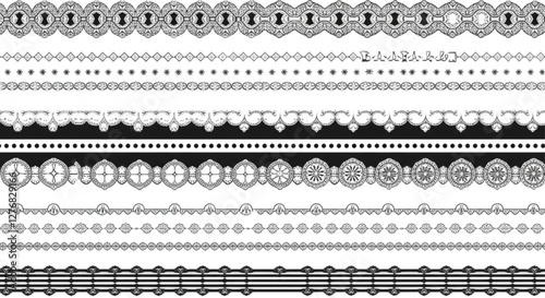 Scallop lace edge frames, borders and dividers, fabric patterns, frill ribbons vector set. Black scalloped elegant stripes with curved ornaments and delicate vintage intricacy, monochrome elements