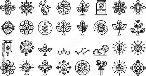 Plant sprout line icons, soil with seed, sprig and green leaves, agriculture, horticulture and agronomy. Plant and tree growing vector outline signs of garden soil, sprouts, seedlings and saplings 