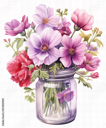 Vibrant Floral Arrangement Pink And Purple Watercolor Blooms in Glass Jar Still Life