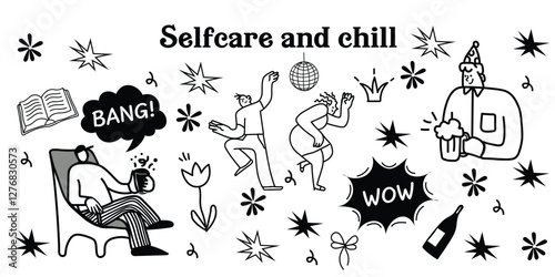 A cozy line art collection of people chilling, dancing, reading, sipping wine, and surrounded by flowers, stars, and dreamy small design elements. Perfect for self-care, relaxation, and lifestyle them