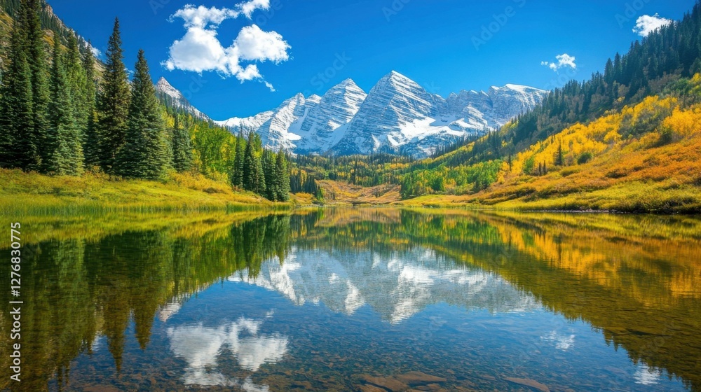 snow-capped peaks reflecting in crystal clear lake, serene and peaceful, perfect for capturing the beauty of nature snow-capped peaks reflecting in crystal clear lake, serene and peaceful, perfect for capturing the beauty of nature