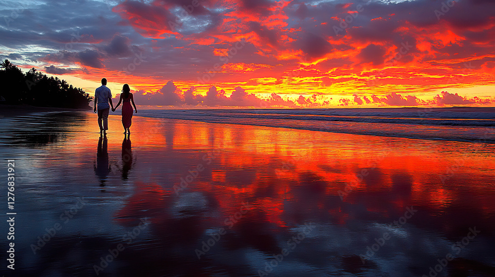 Fototapeta premium Couple walking on the beach with a red sunset reflected on the wet sand. Generated with AI