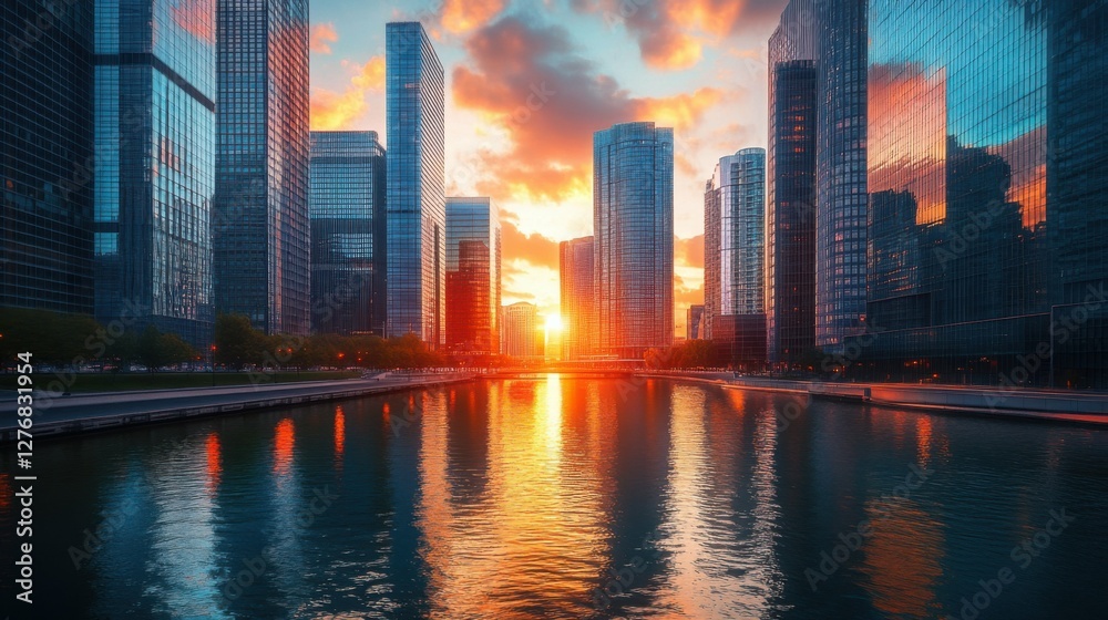 Fototapeta premium city skyline with tall glass buildings, vibrant sunset colors reflecting on windows, peaceful and tranquil mood, calm river below