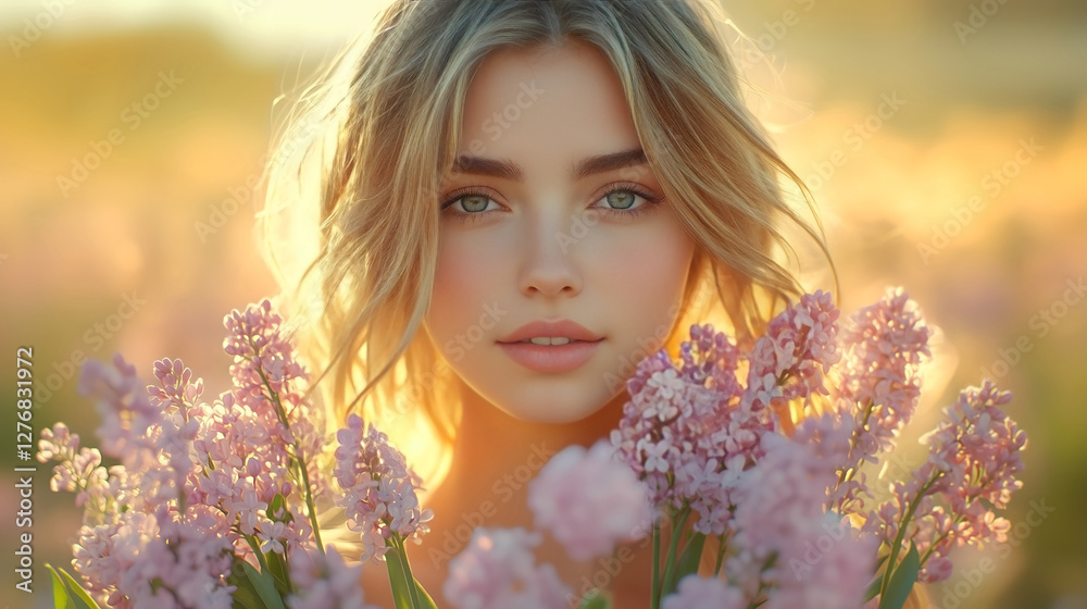 Fototapeta premium Beautiful Young Woman Holding a Bouquet of Flowers in a Sunlit Field