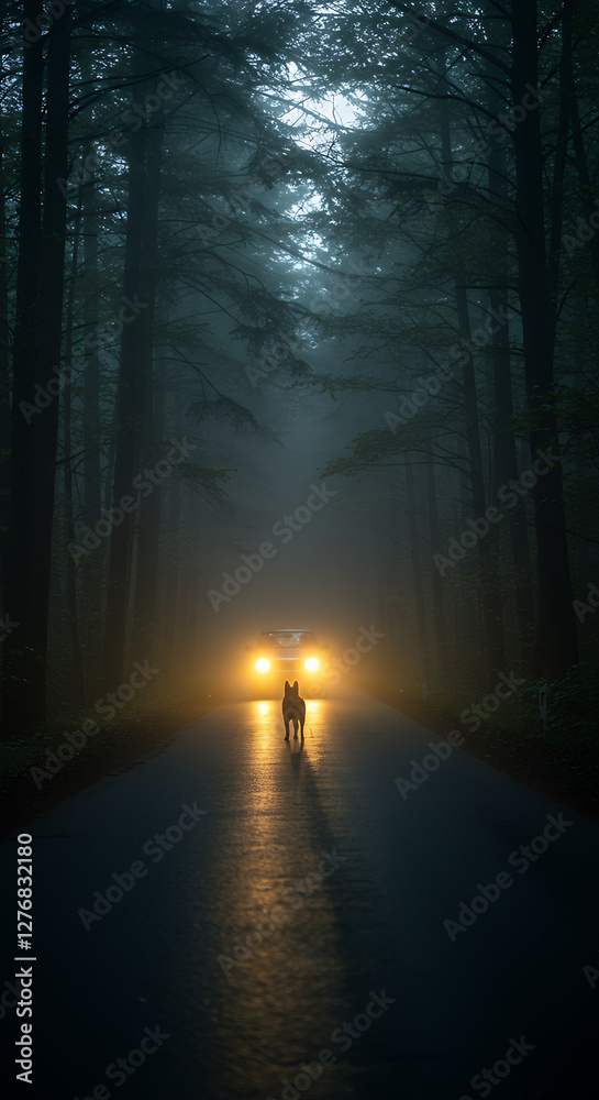 Fototapeta premium A lonely dog stands in the middle of a forest road, facing an approaching car.