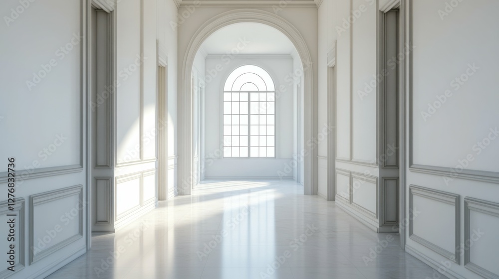 Bright minimalist hallway with white walls, leading to an open window with soft natural light streaming in. Bright minimalist hallway with white walls, leading to an open window with soft natural light streaming in.