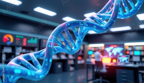 A highly detailed, futuristic 3D-rendered digital image of a glowing blue DNA double helix in a modern laboratory setting. 