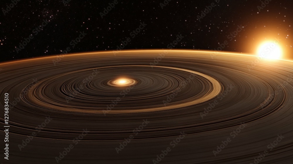 Fototapeta premium distant planet with rings glowing faintly under the light of a twin star system
