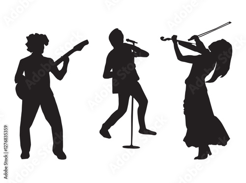 musicians set music icons with bass, singer and a lady violinist