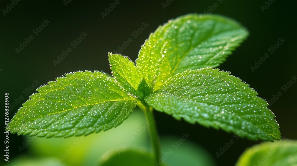 Close-up view of a magnified peppermint leaf surface showcasing fine droplets and vibrant green texture Close-up view of a magnified peppermint leaf surface showcasing fine droplets and vibrant green texture