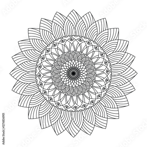 Abstract simple minimalist round circle mandala in black and white for a medium content books.
