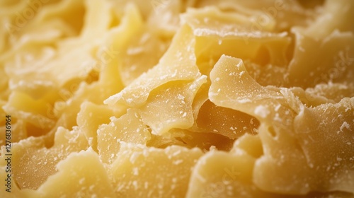 Close-up view of raw beeswax flakes showcasing intricate natural textures and colors