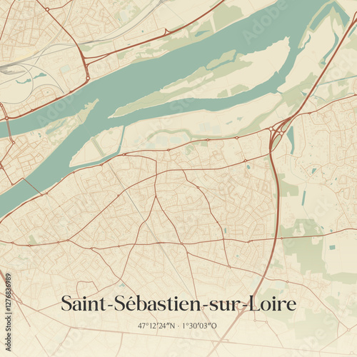 Vintage map of Saint-Sébastien-sur-Loire, France.