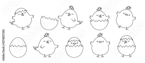 Easter chick and egg line icon, cartoon children bird, cute small chicken hatch, spring little characters black outline design isolated on white background. Animal vector illustration