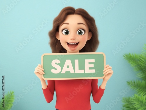 cartoon woman holding SALE sign excitement photo