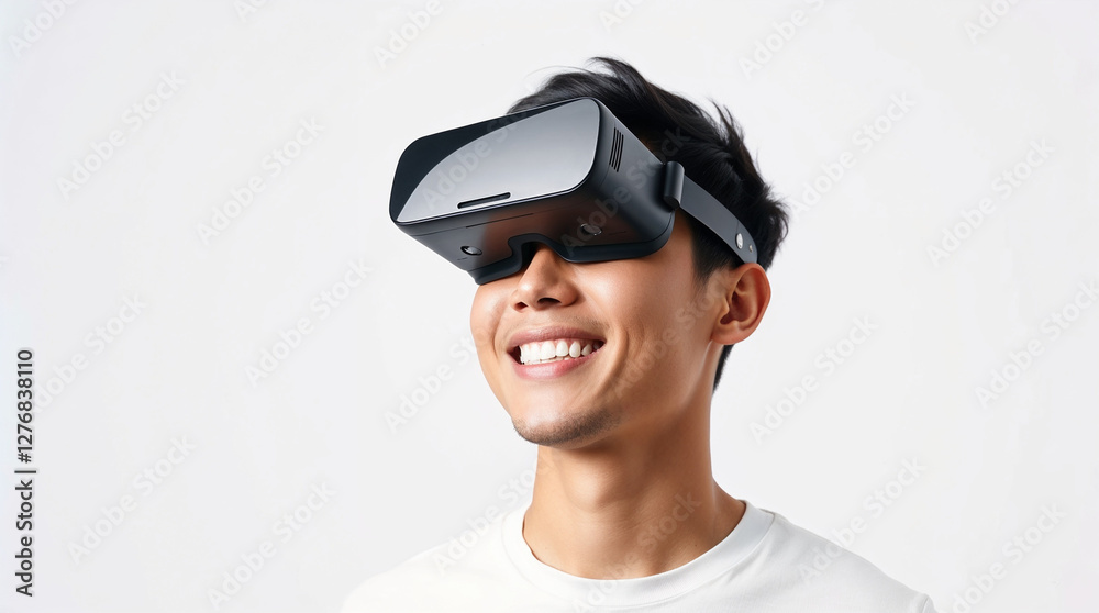 Happy Asian man with VR isolated on white background Happy Asian man with VR isolated on white background