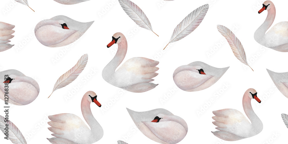Fototapeta premium Watercolor swan and feather seamless pattern with birds and quills Cute print for wallpaper, wrapping paper, baby design Nursery decoration Minimalism