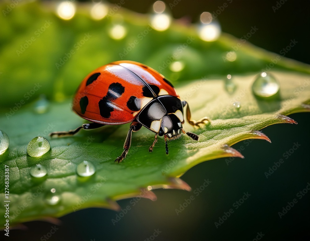 Close-up view of a ladybug walking on a green leaf with water droplets during a sunny afternoon