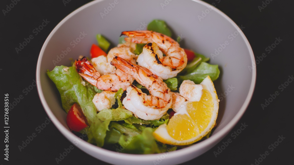 Grilled shrimp salad with fresh leafy greens, cherry tomatoes, and lemon wedges in gray bowl, served with creamy dressing, creating vibrant and appetizing dish Grilled shrimp salad with fresh leafy greens, cherry tomatoes, and lemon wedges in gray bowl, served with creamy dressing, creating vibrant and appetizing dish