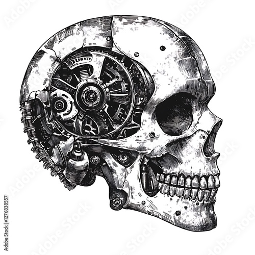 Mechanical skull profile, gears, cogs, white background, art design