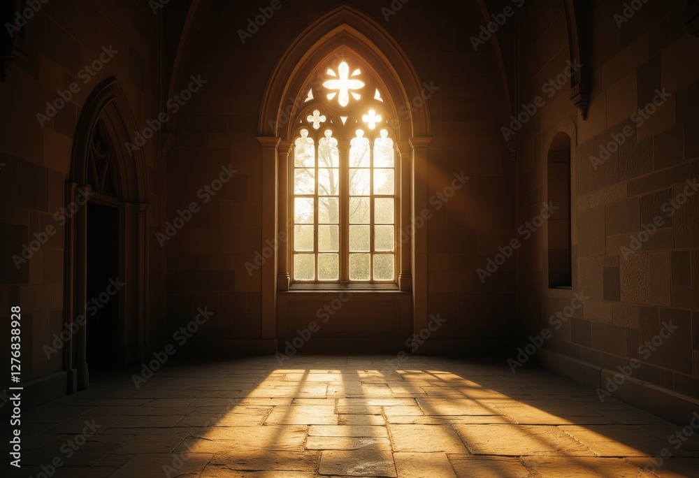 Sunlight streaming through a gothic arched window in an empty medieval stone hall casting long shadows on the tiled floor creating a serene and historic atmosphere Sunlight streaming through a gothic arched window in an empty medieval stone hall casting long shadows on the tiled floor creating a serene and historic atmosphere