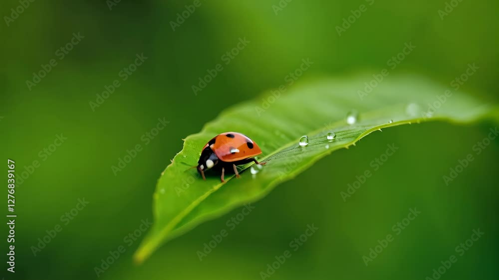 Ladybug crawling on leaf with dewdrops in vibrant green background Ladybug crawling on leaf with dewdrops in vibrant green background