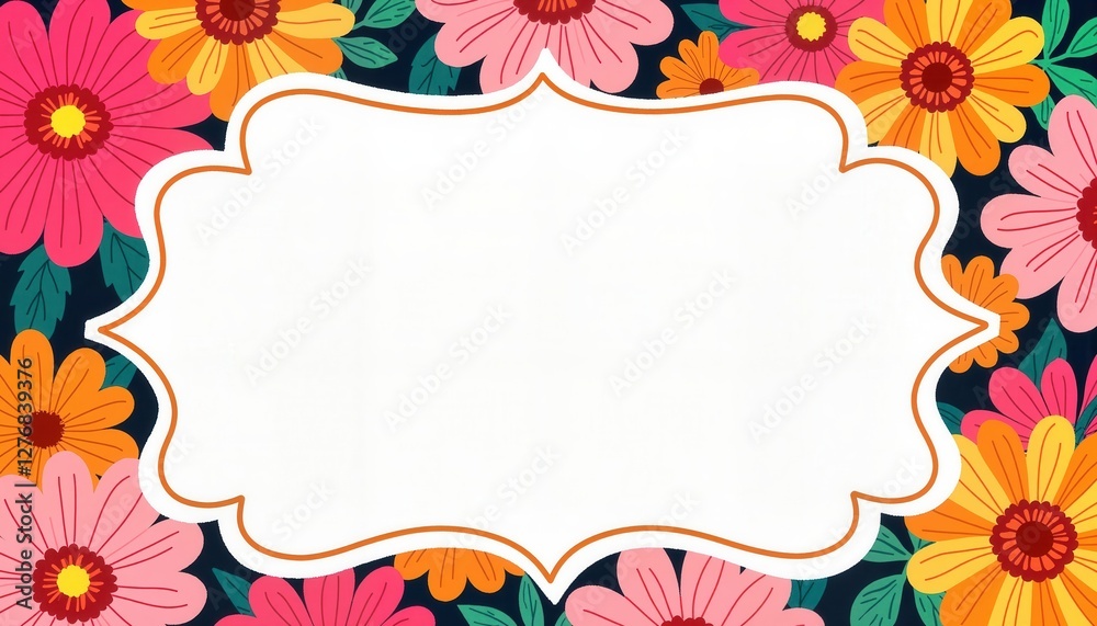 Obraz premium Colorful zinnia flowers framing wedding invitation, festive celebration