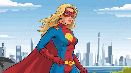 Powerful Female Superhero Watching Over the City – Vector Art