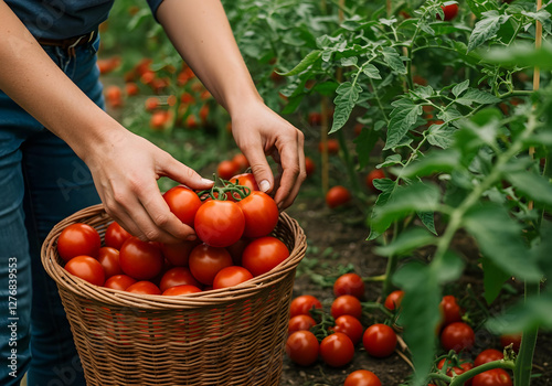 A person carefully picks ripe tomatoes from the plant, then places them in a wicker basket.