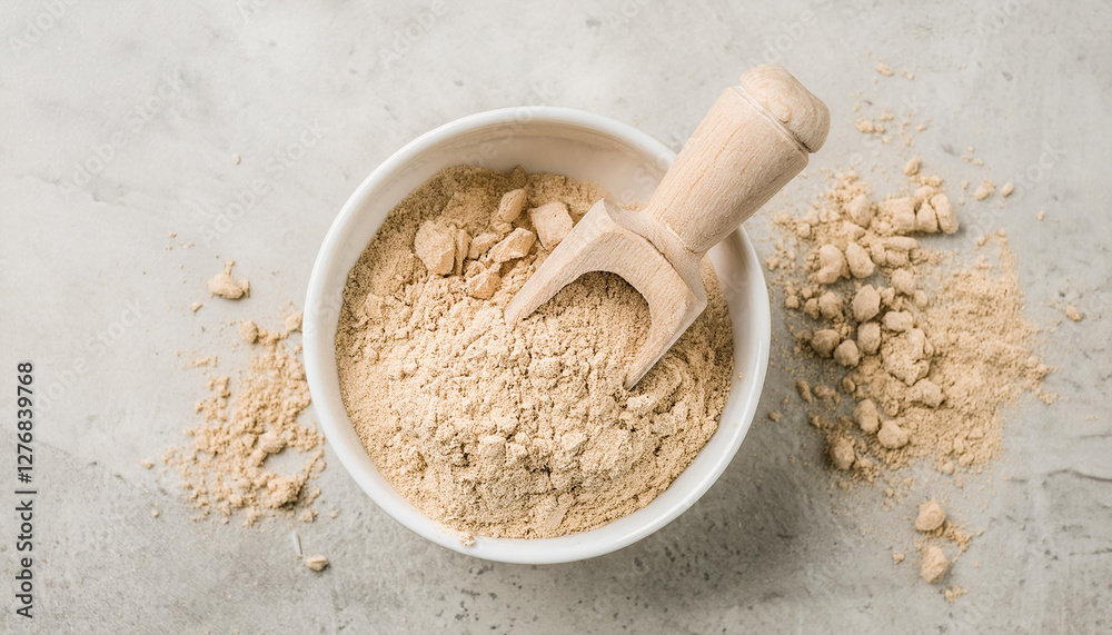 Light beige powder in bowl and scoop. Pure protein. Spice or food, clay, pigment or chalk powder Light beige powder in bowl and scoop. Pure protein. Spice or food, clay, pigment or chalk powder