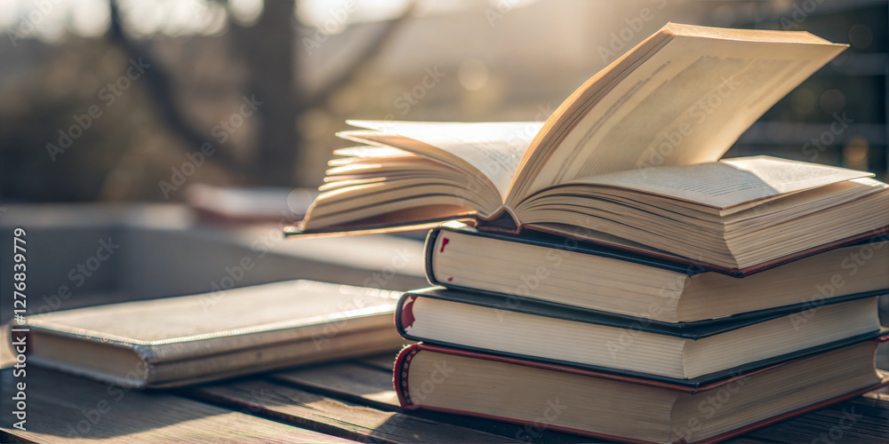 Naklejka premium Stack of hardcover books open on wooden desk in warm sunlight, symbolizing knowledge