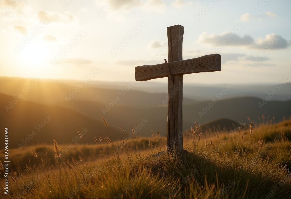 Weathered Wooden Cross on a Grassy Hill at Sunset with Rolling Hills and Mountains in the Background Weathered Wooden Cross on a Grassy Hill at Sunset with Rolling Hills and Mountains in the Background