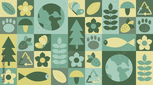Eco friendly modular background with nature symbols, including trees, leaves, flowers, Earth, and recycling icons in green and yellow tones. Vector abstract geometric banner for Earth day