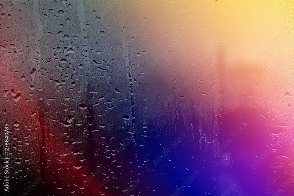 Obraz premium Raindrops on glass with abstract wet texture and blue liquid bubbles