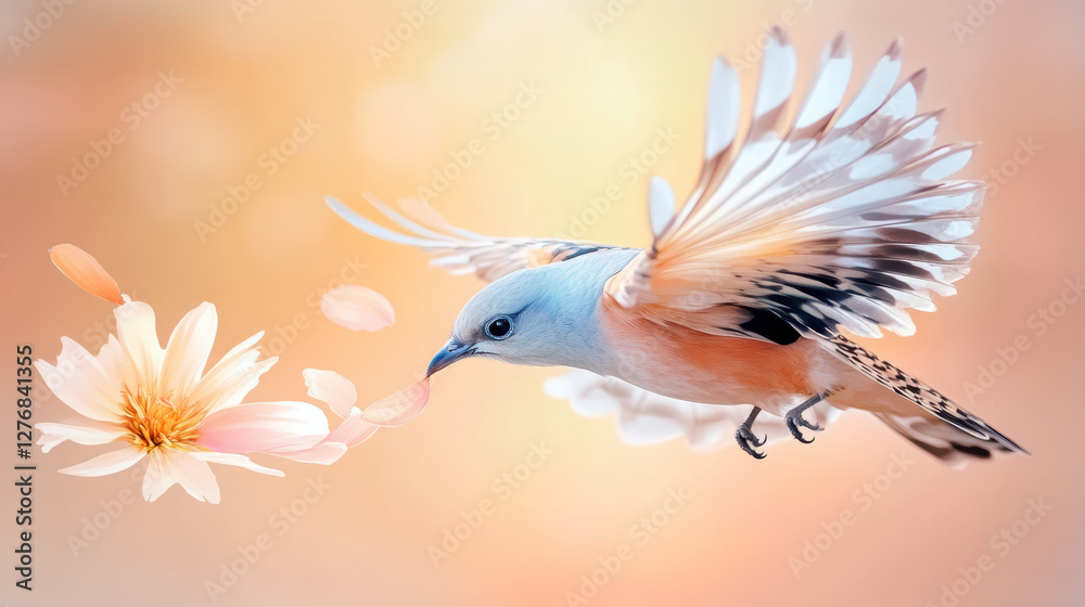 Obraz premium delicate bird with soft pastel feathers gracefully hovers near blooming flower, its wings spread wide in ethereal motion. warm, glowing background enhances serene and dreamy atmosphere