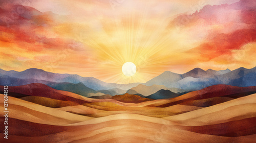 Fiery desert sunset with intense orange and red tones, casting warm glow over rolling sand dunes and distant mountains in watercolor style painting