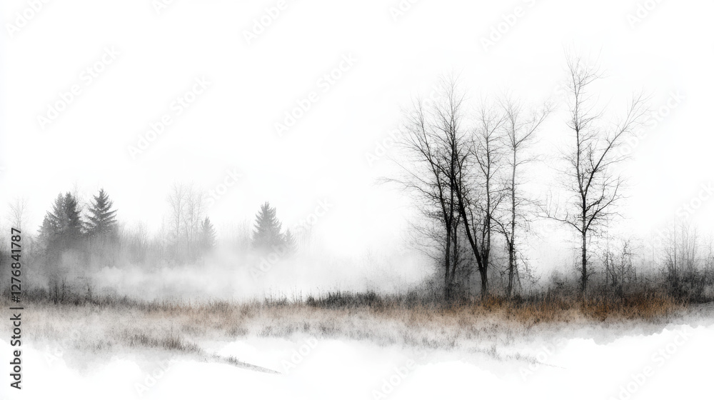 Fog rolling over fields with soft transitions in grayscale, creating serene and mysterious atmosphere. Bare trees stand against mist, blending into hazy background, evoking sense of solitude Fog rolling over fields with soft transitions in grayscale, creating serene and mysterious atmosphere. Bare trees stand against mist, blending into hazy background, evoking sense of solitude