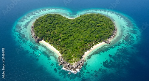 Heart-Shaped Island in Turquoise Ocean.
