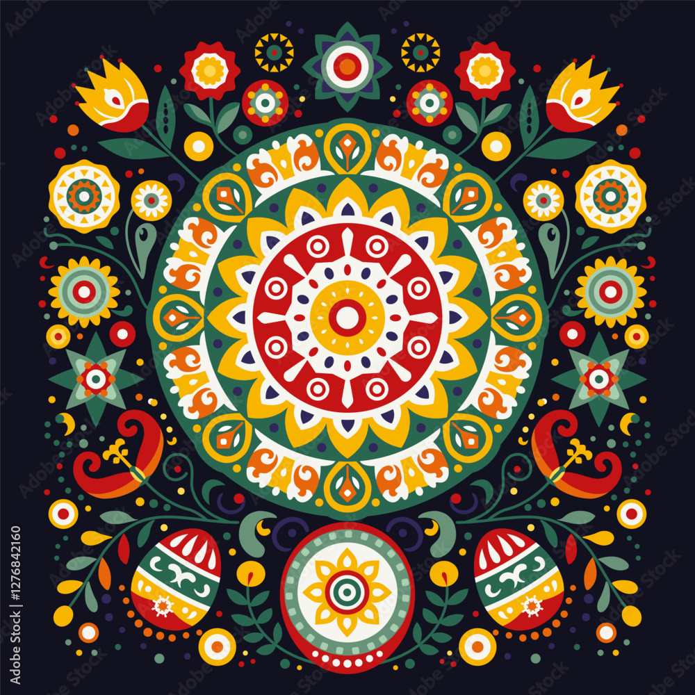 Fototapeta premium Scandinavian folk art with Easter Eggs, Sun and Flowers, symmetrical vector illustration. Symmetrical ornament with sun and eggs with different colorful folk ornaments on black background