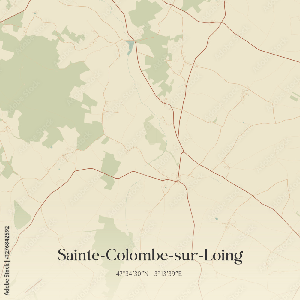 Fototapeta premium Vintage map of Sainte-Colombe-sur-Loing, France.