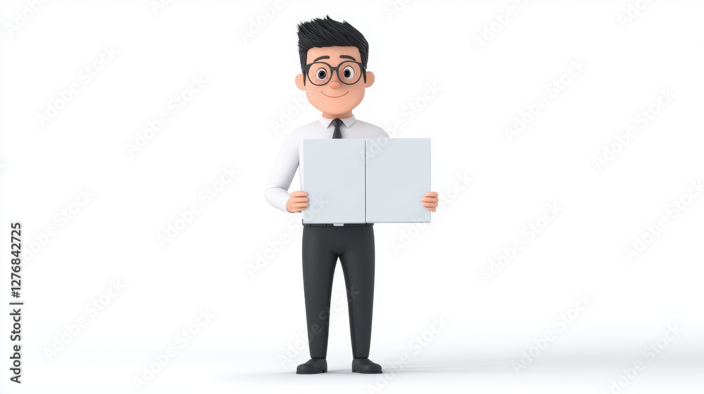cheerful cartoon businessman with glasses, wearing white shirt and black tie, holds open blank book or document folder against white background