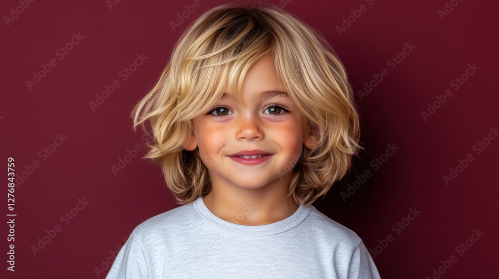 Smiling young boy showing healthy looking directly at the camera with side-swept hair. Isolated on a dark red background.
