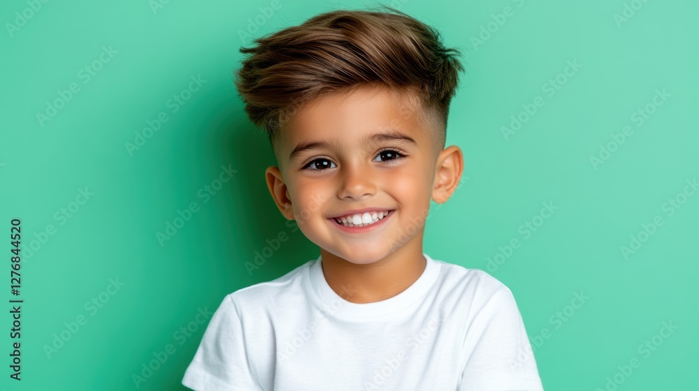 Smiling young boy showing healthy looking directly at the camera with a crew cut. Isolated on a mint green background. Smiling young boy showing healthy looking directly at the camera with a crew cut. Isolated on a mint green background.