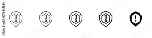 Set of 5 pixel perfect shield exclamation icon with 1 unexpanded, 1 silhouette, a protective shield icon with an exclamation mark symbolizing caution or alert.