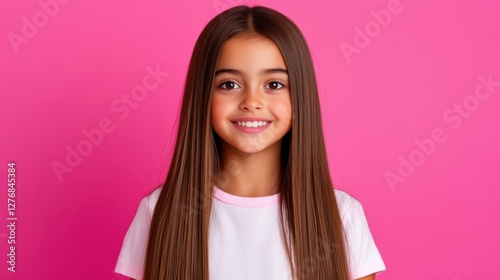 Smiling young girl showing healthy looking directly at the camera with long straight hair. Isolated on a pink background.