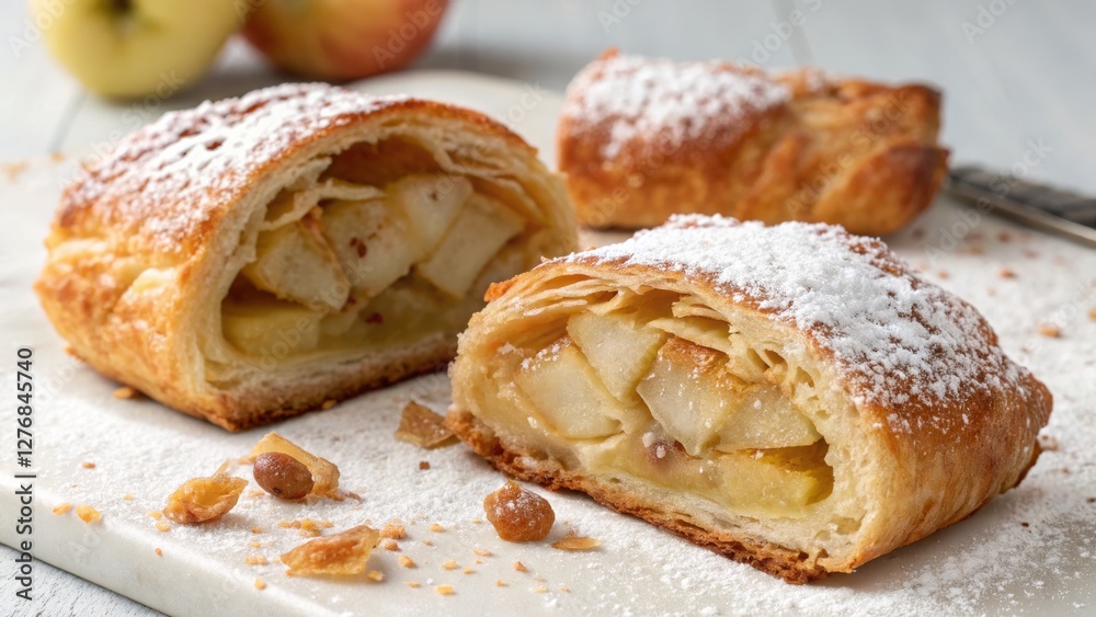 Apple Strudel Puff Pastry, Apple Filling, Powdered Sugar, Close-up, Food Photography Apple Strudel, Pastry, Dessert Apple Strudel Puff Pastry, Apple Filling, Powdered Sugar, Close-up, Food Photography Apple Strudel, Pastry, Dessert